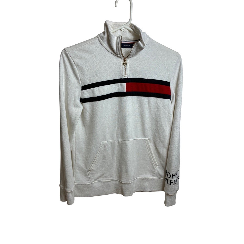 Tommy Hilfiger Womens Quarter Zip Sweatshirt White Flag Logo Pullover Fleece L - Picture 3 of 6